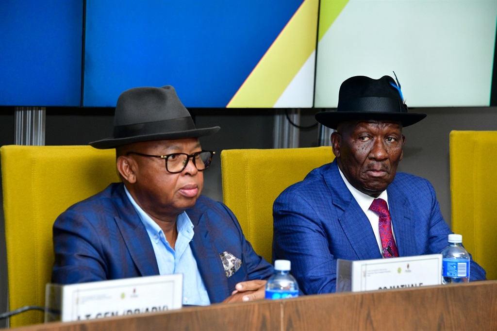 Deputy Police Minister Cassel Mathale and Minister of Police Bheki Cele. Photo from SAG/GCIS