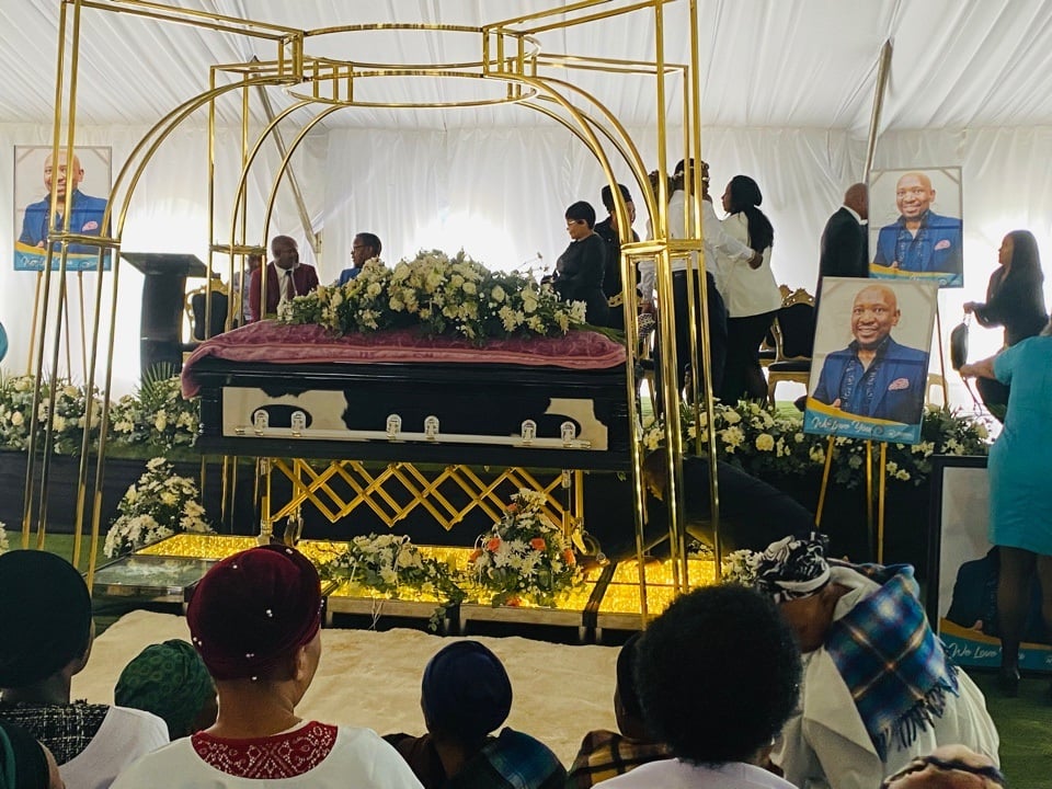 The coffin of Ukhozi Fm Presenter Bhea 'Beekay' Mchunu surrounded by his family and members of Nazareth Baptist Church as the funeral service is underway. Photos by Xolile Nkosi