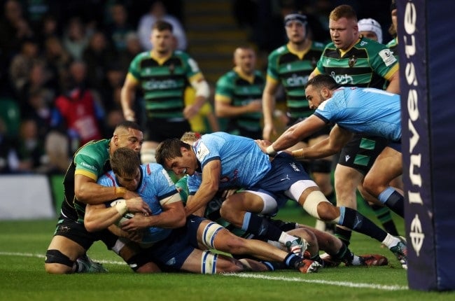 Bulls No 8 Cameron Hanekom scores his team's first try during the Champions Cup quarter-final against Northampton Saints at Franklin's Gardens on Saturday. (Paul Harding/Getty Images) (Paul Harding/Getty Images)