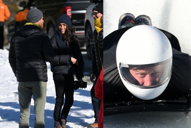 Prince Harry was supported by his wife, Meghan Markle, who cheered when he raced headfirst down a sled track (RIGHT) to promote the 2025 Invictus Games. (PHOTO: Gallo Images/Getty Images)