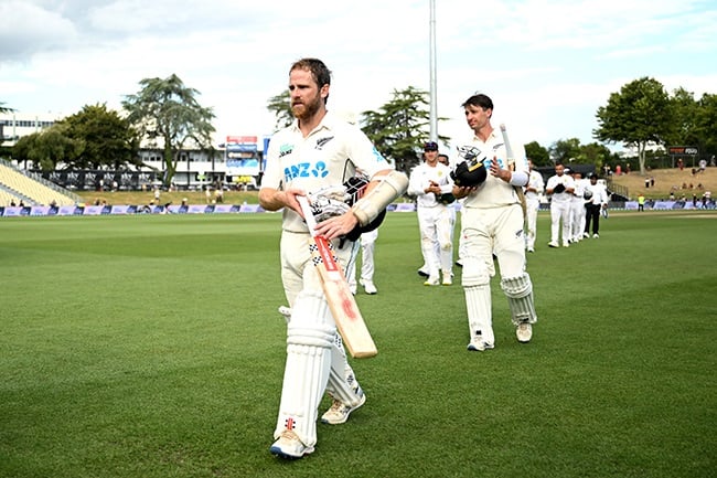 New Zealand's Kane Williamson walks off after leading his side to victory over South Africa at Seddon Park in Hamilton on 16 February 2024. (Photo by Hannah Peters/Getty Images)