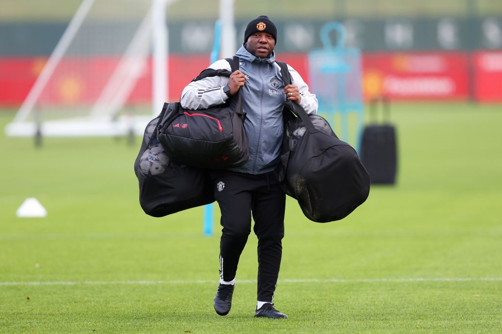 MANCHESTER, ENGLAND - DECEMBER 11: Benni McCarthy, Coach of Manchester United looks on during a training session at Carrington Training Ground on December 11, 2023 in Manchester, England. (Photo by Matt McNulty/Getty Images)