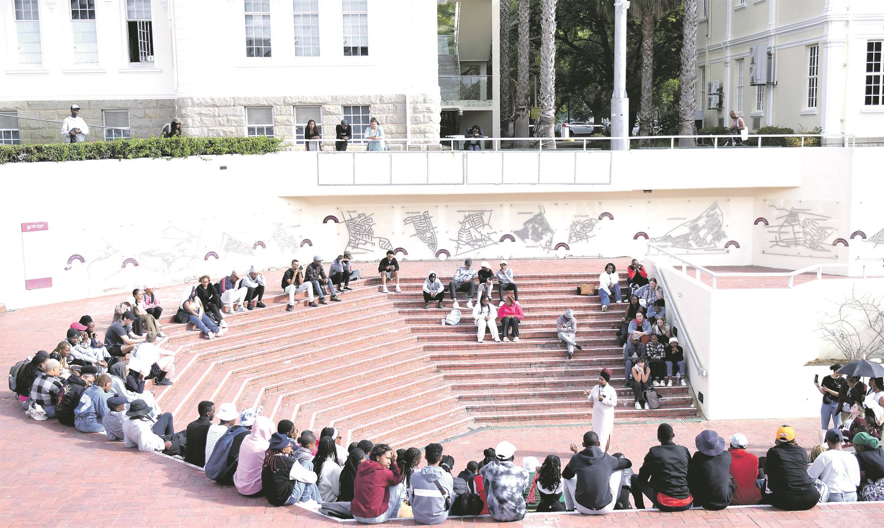nowhere to go Concerned students gather on the rooftop of Stellenbosch University library to get feedback from the SRC about their Nsfas payments PHOTO: Edrea du Toit