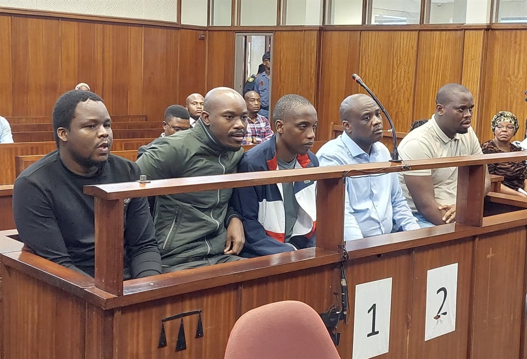AKA and Tibz murder-accused Lindokuhle Mkhwanazi, Lindani Ndimande, Siyanda Myeza, Mziwethemba Gwabeni and Lindokuhle Ndimande during their court appearance in the Durban Magistrate's Court. (Nkosikhona Duma/News24)