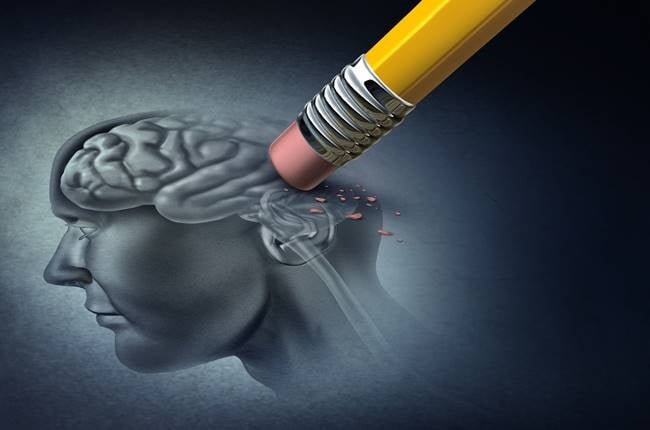 Concept of memory loss and dementia disease and losing brain function memories as an alzheimers health symbol of neurology and mental problems with 3D illustration elements.