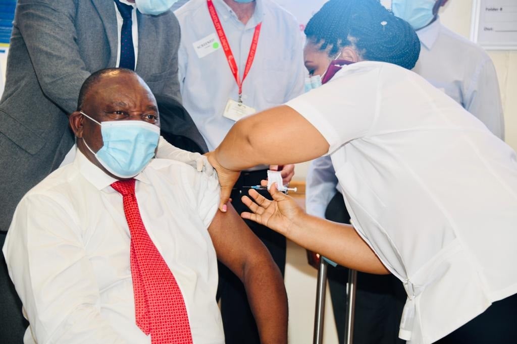President Cyril Ramaphosa gets a Covid-19 vaccine jab at Khayelitsha District Hospital in Cape Town.