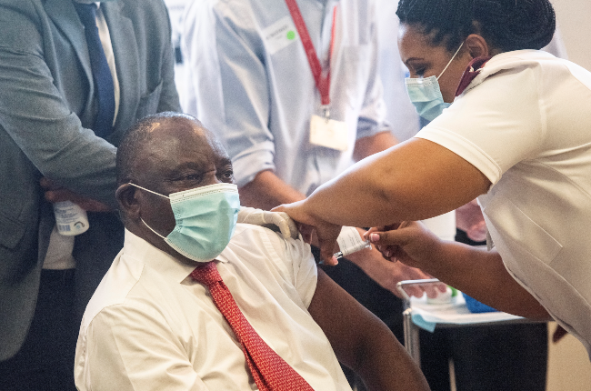 President Cyril Ramaphosa receives the  J&J Covid-19 vaccine at the Khayelitsha District Hospital in Cape Town.
