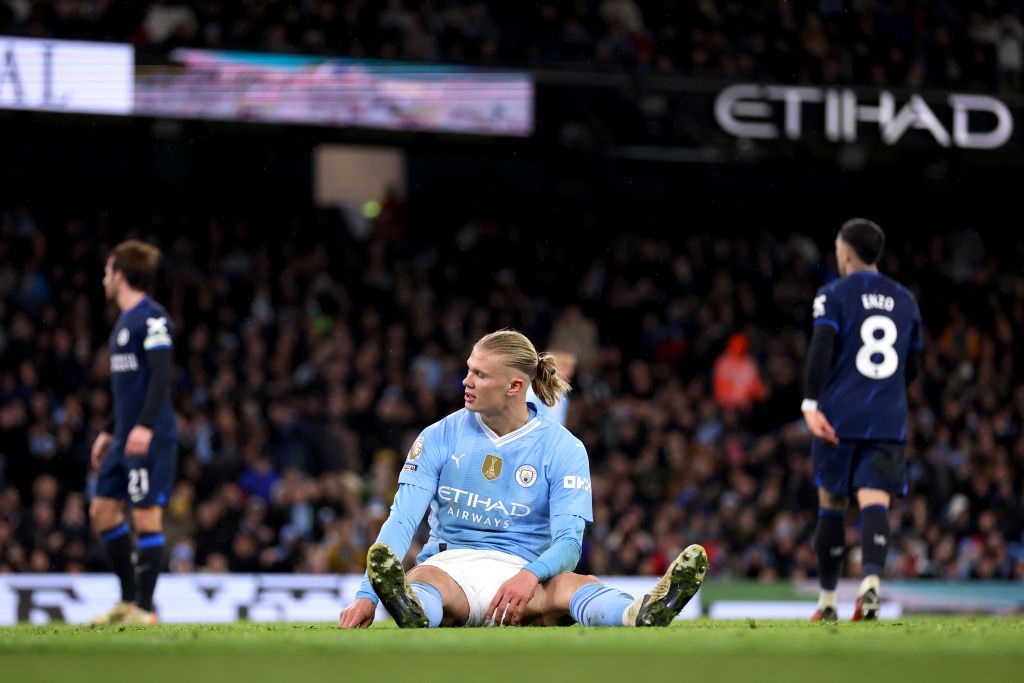 MANCHESTER, ENGLAND - FEBRUARY 17: Erling Haaland of Manchester City reacts during the Premier League match between Manchester City and Chelsea FC at Etihad Stadium on February 17, 2024 in Manchester, England. (Photo by Catherine Ivill/Getty Images)