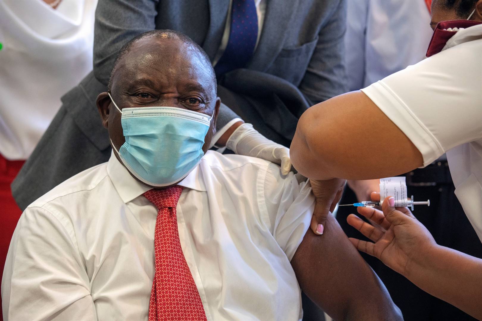 President Cyril Ramaphosa receives the Johnson & Johnson Covid-19 vaccine at Khayelitsha District Hospital near Cape Town. Picture: Gianluigi Guercia / Pool via Reuters
