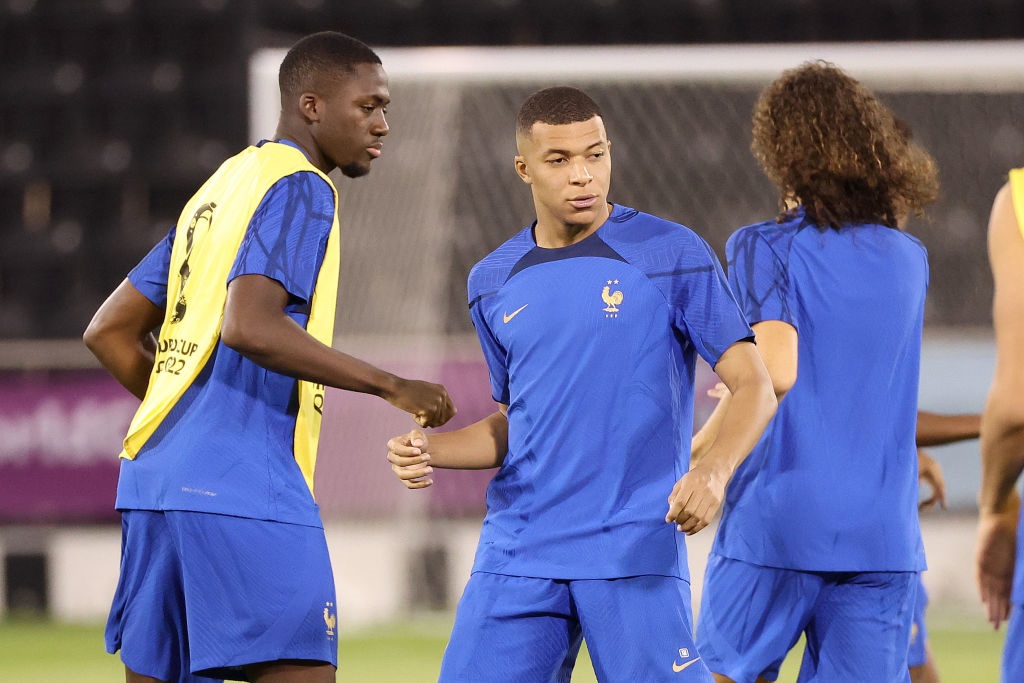 DOHA, QATAR - DECEMBER 09: Ibrahima Konate of France, Kylian Mbappe of France  during France training session on match day -1 at Al Sadd SC Stadium on December 09, 2022 in Doha, Qatar. (Photo by Jean Catuffe/Getty Images)