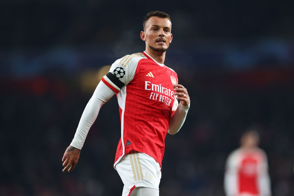 LONDON, ENGLAND - NOVEMBER 29:  Benjamin White of Arsenal during the UEFA Champions League match between Arsenal FC and RC Lens at Emirates Stadium on November 29, 2023 in London, England. (Photo by Marc Atkins/Getty Images)