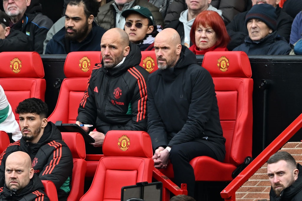 MANCHESTER, ENGLAND - APRIL 27: Erik ten Hag, Manager of Manchester United, looks on during the Premier League match between Manchester United and Burnley FC at Old Trafford on April 27, 2024 in Manchester, England. (Photo by Michael Regan/Getty Images)