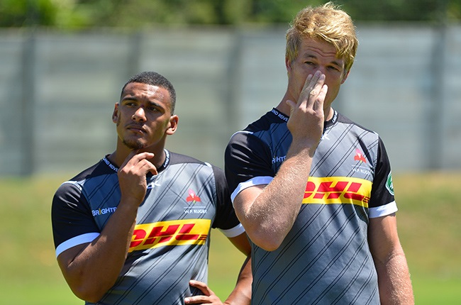 Juarno Augustus and Pieter-Steph du Toit during a Stormers training session. 