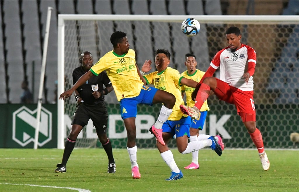 JOHANNESBURG, SOUTH AFRICA - FEBRUARY 20:  Battle for possession during the Nedbank Cup, Last 32 match between NB La Masia and Mamelodi Sundowns at Dobsonville Stadium on February 20, 2024 in Johannesburg, South Africa. (Photo by Sydney Seshibedi/Gallo Images)
