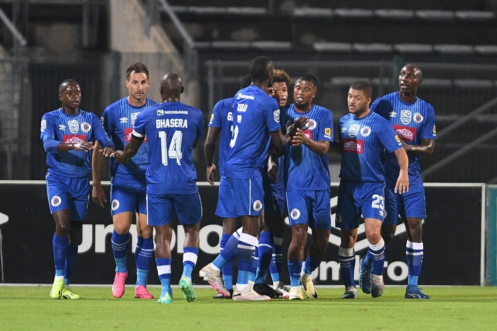 PRETORIA, SOUTH AFRICA - FEBRUARY 20: Shandre Campbell of SuperSport United  celebrates with teammates during the Nedbank Cup, Last 32 match between SuperSport United and Cape Town City FC at Lucas Moripe Stadium on February 20, 2024 in Pretoria, South Africa. (Photo by Lefty Shivambu/Gallo Images)