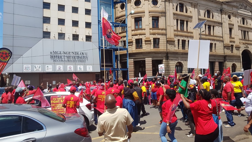 Saftu members protest outside the Pietermaritzburg Legislature. (File photo.)