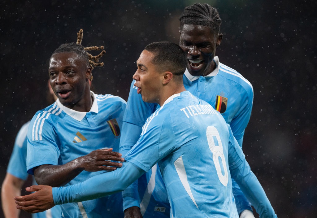 LONDON, ENGLAND - MARCH 26:  Youri Tielemans of Belgium celebrates scoring his first of two goals with Amadou Onana and Jeremy Doku (left) during the international friendly match between England and Belgium at Wembley Stadium on March 26, 2024 in London, England. (Photo by Visionhaus/Getty Images)
