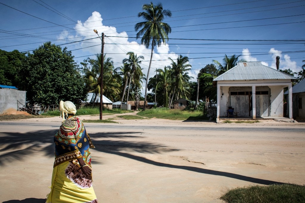 In this file photo taken on 16 February 2017, a Mozambican woman walks in Palma, a small, palm-fringed fishing town in Mozambique.