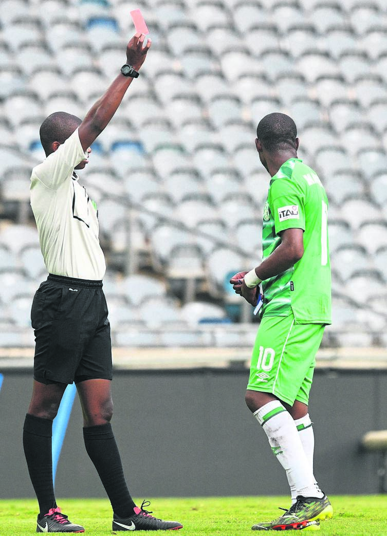 Bloemfontein Celtic suffered a major blow when Ndumiso Mabena (right) was flashed with a red card by referee Masixole Bambiso in their Premiership clash yesterday.Photo by Sydney Mahlangu/BackpagePix