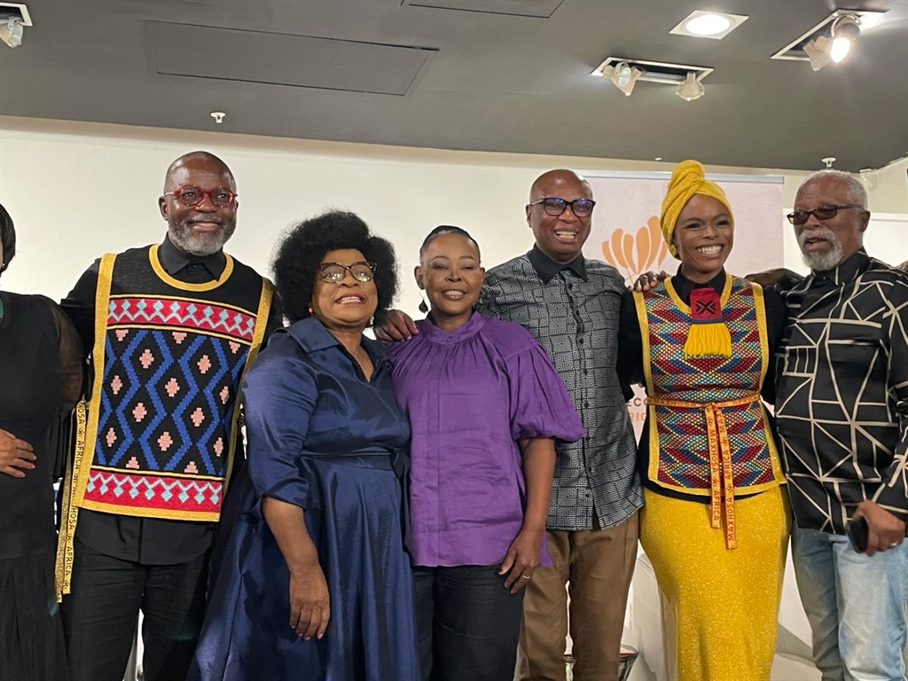 Minister Zizi Kodwa (third from right) with South African celebrities at the launch of CCIAs at Melrose Gallery in Joburg. Photo by Kgalalelo Tlhoaele 