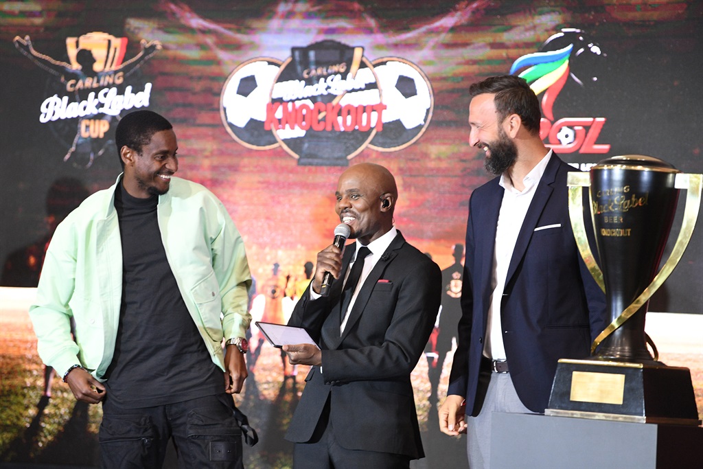 Thomas Mlambo, Rulani Mokwena and TS Galaxy coach Sead Ramovic during the Carling Knockout launch at The Park, House of Events in October 2023 in Johannesburg, South Africa. 