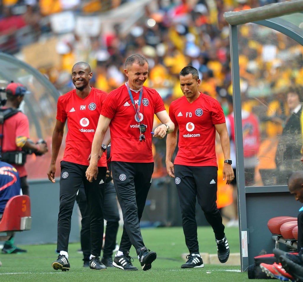 Milutin Sredojevic as coach of Orlando Pirates with Rulani Mokwena and Fadlu Davids who were his assistant during the league match between Kaizer Chiefs and Orlando Pirates on 09 February 2019 at FNB Stadium 