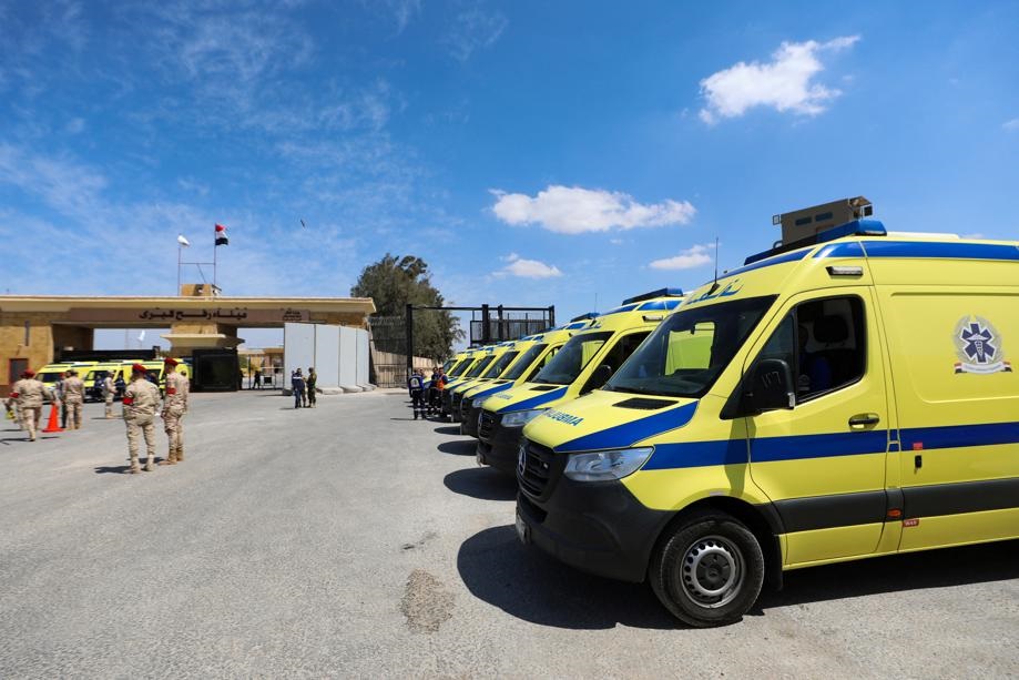 Ambulances are parked near the Rafah border crossing between Egypt and the Gaza Strip amid the ongoing conflict between Israel and Palestinian Islamist group Hamas, in Rafah, Egypt. Reuters/Mohamed Abd El Ghany