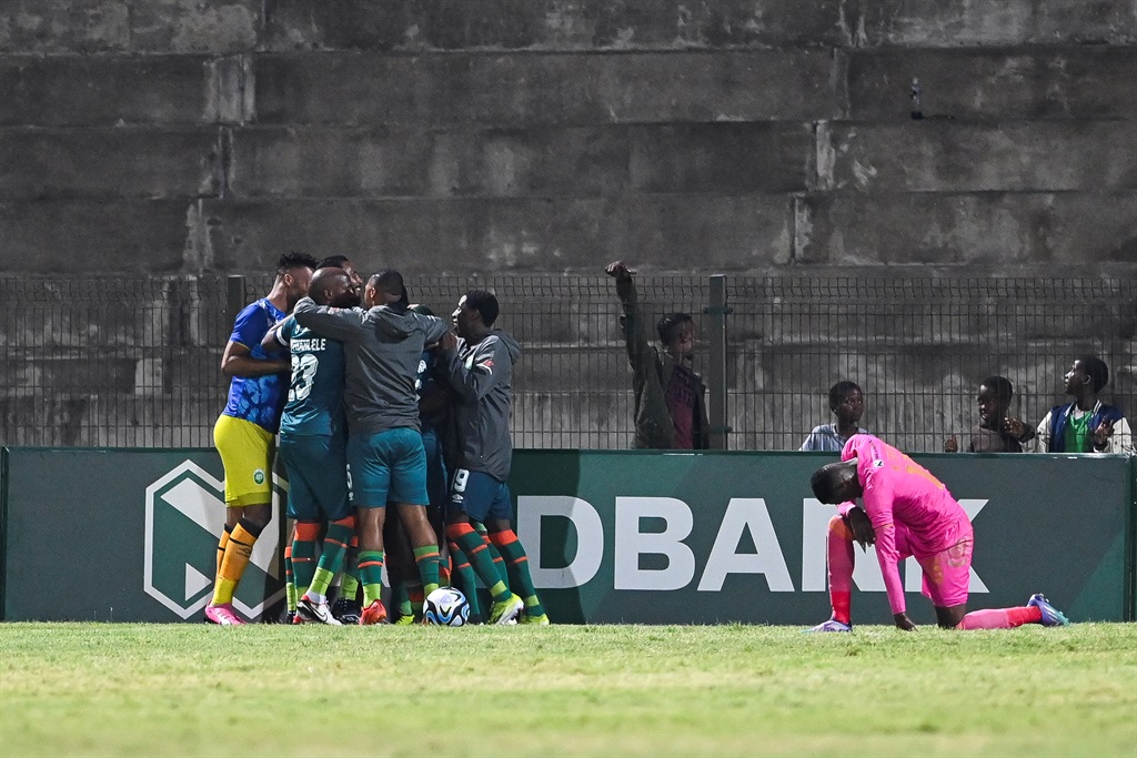 DURBAN, SOUTH AFRICA - FEBRUARY 22:  AmaZulu celebrate the goal during the Nedbank Cup, Last 32 match between AmaZulu FC and Royal AM at King Zwelithini Stadium on February 22, 2024 in Durban, South Africa. (Photo by Darren Stewart/Gallo Images)