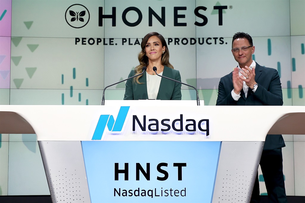 The Honest Company founder and chief creative officer Jessica Alba and The Honest Company CEO Nick Vlahos ring the Nasdaq Stock Market opening bell to mark the companys IPO at NASDAQ MarketSite on May 05, 2021 in New York City. (Photo by Dimitrios Kambouris/Getty Images for The Honest Company )