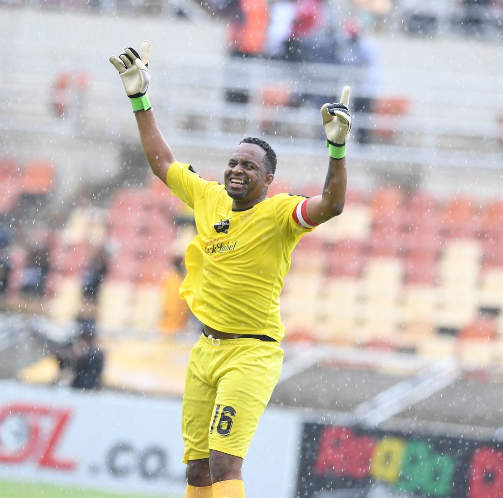 POLOKWANE, SOUTH AFRICA - JANUARY 06: Itumeleng Khune Carling All-Star XI celebrates team goal during the Carling Knockout match between Stellenbosch FC and Carling Knockout All-Star XI at Peter Mokaba Stadium on January 06, 2024 in Polokwane, South Africa. (Photo by Philip Maeta/Gallo Images)