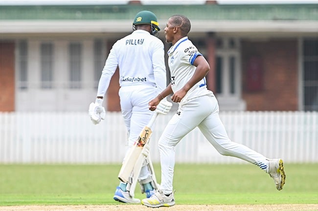 Kwazulu-Natal Inland Tuskers seamer Mondli Khumalo celebrating the wicket of Warriors opener Jiveshan Pillary on day one of their four-day series game in Pietermaritzburg. It was Khumalo's first game after being assaulted in 2022. (Image: Darren Stewart/Gallo Images)