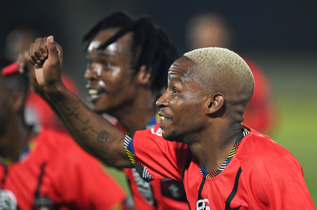 MPUMALANGA, SOUTH AFRICA - FEBRUARY 23: Lehlohonolo Mojela of TS Galaxy FC celebrates scoring during the Nedbank Cup, Last 32 match between Golden Arrows and TS Galaxy FC at Mpumalanga Stadium on February 23, 2024 in Durban, South Africa. (Photo by Darren Stewart/Gallo Images)