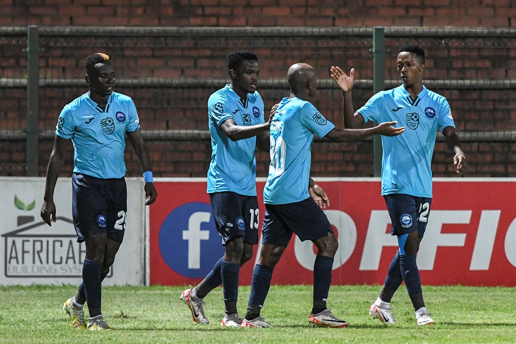 DURBAN, SOUTH AFRICA - FEBRUARY 23: Richards Bay FC  celebrate the third goal during the Nedbank Cup, Last 32 match between Richards Bay FC v Polokwane City at King Zwelithini Stadium in Durban on February 24, 2024 in Durban, South Africa. (Photo by Darren Stewart/Gallo Images)