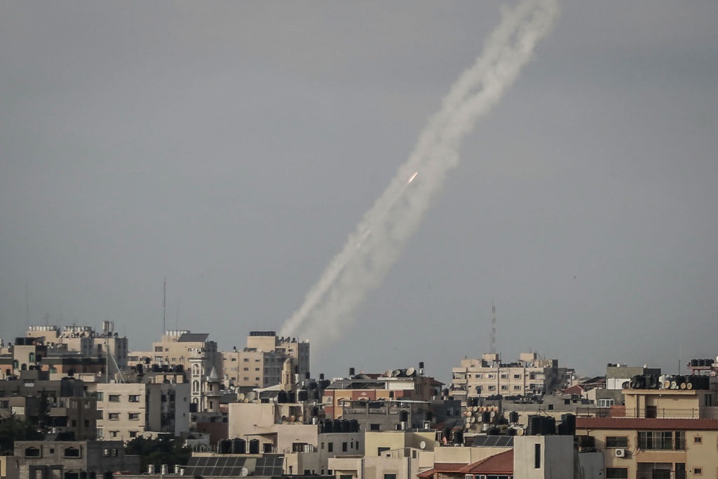 Rockets are fired by the Palestinian Islamist movement Hamas from Gaza City towards Israel. 