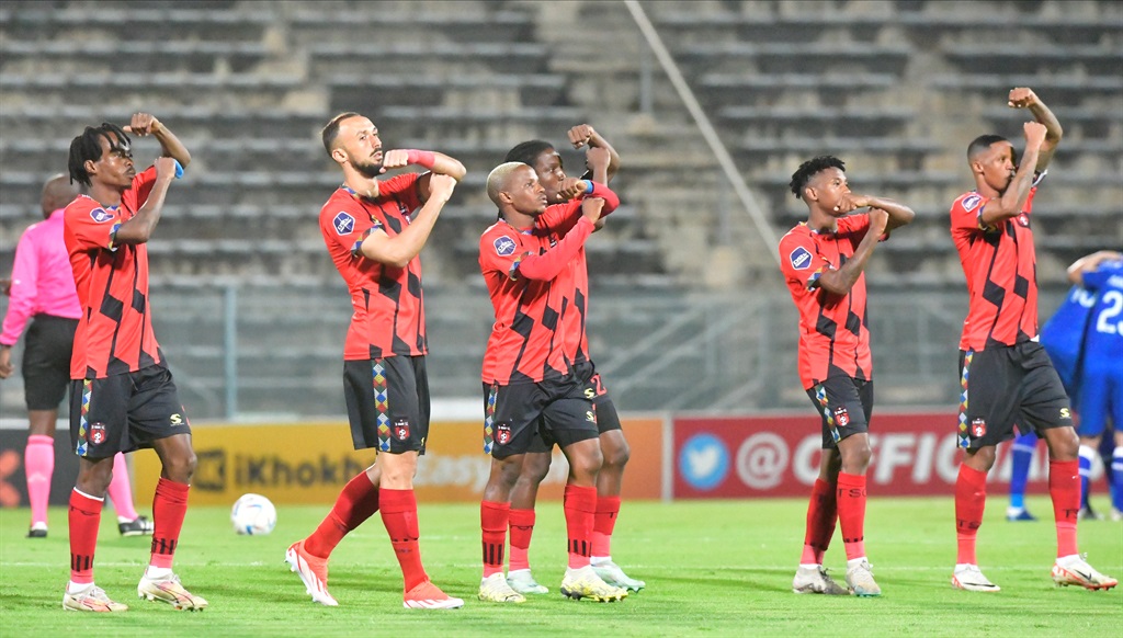 PRETORIA, SOUTH AFRICA - APRIL 06:  Players take the field during the DStv Premiership match between SuperSport United and TS Galaxy at Lucas Masterpieces Moripe Stadium on April 06, 2024 in Pretoria, South Africa. (Photo by Sydney Seshibedi/Gallo Images)