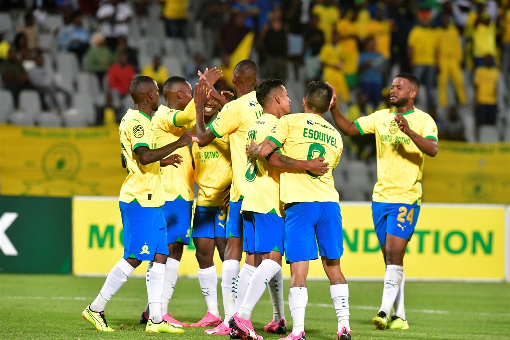 JOHANNESBURG, SOUTH AFRICA - FEBRUARY 20:  Lebohang Maboe of Mamelodi Sundowns scores and celebrate with teammates during the Nedbank Cup, Last 32 match between NB La Masia and Mamelodi Sundowns at Dobsonville Stadium on February 20, 2024 in Johannesburg, South Africa. (Photo by Sydney Seshibedi/Gallo Images)
