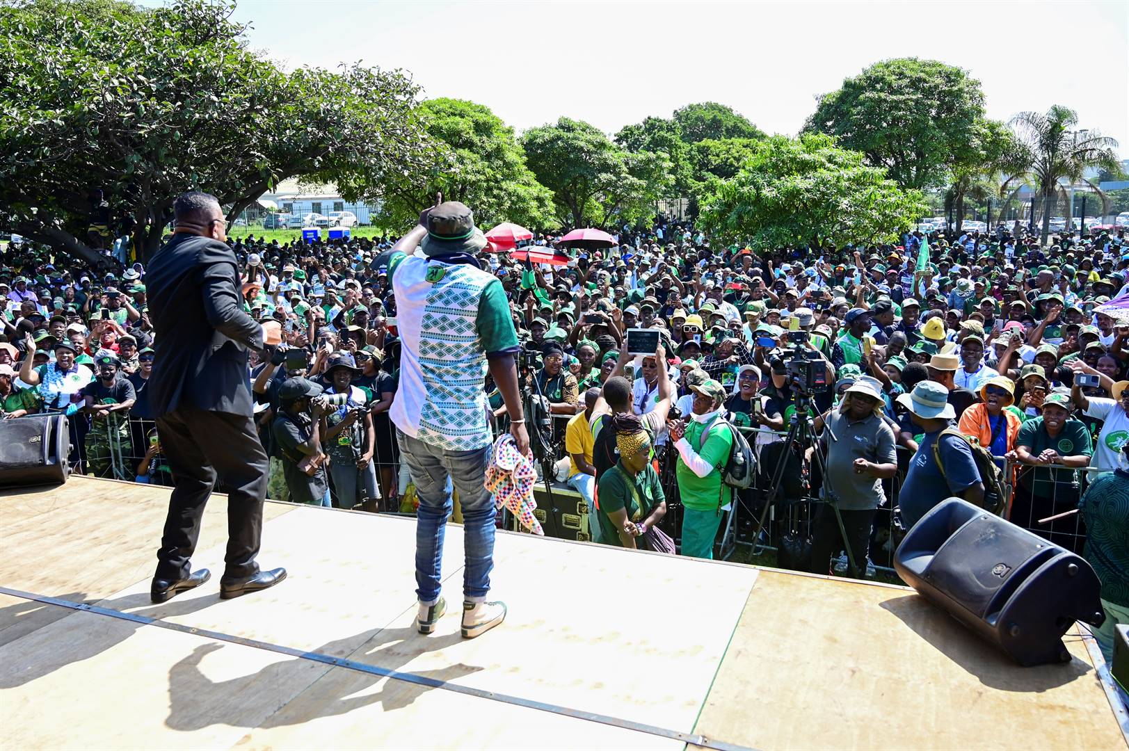 Visvin Reddy dances on the MKP stage. The ANC is attempting to have the MKP’s use of the former armed resistance movement’s name and logo declared illegal. 