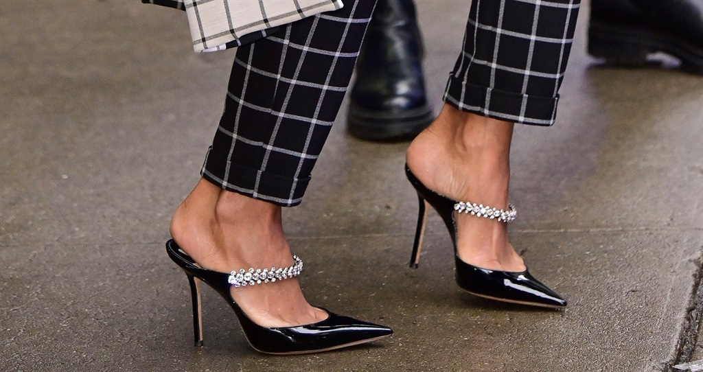 Halle Berry spotted in a Jimmy Choo pair of patent leather mules.
