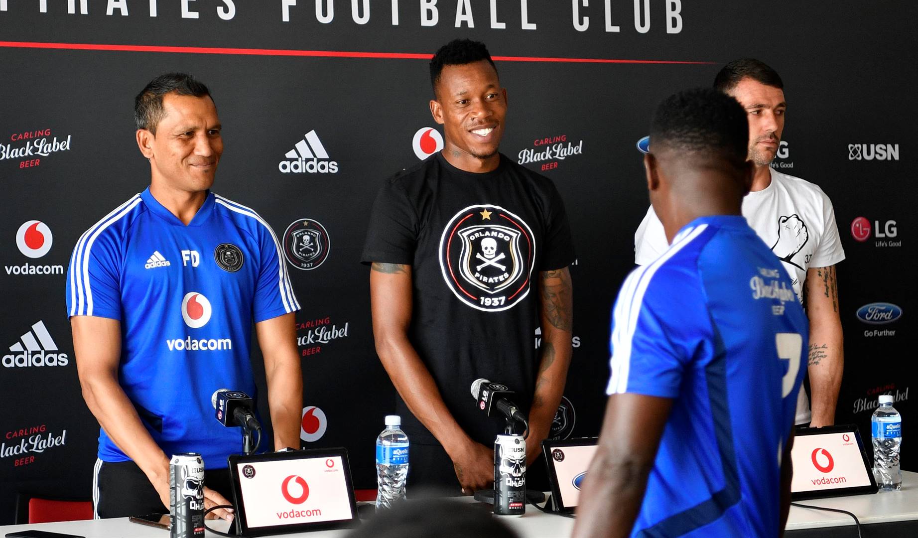 Orlando Pirates assistant coach Fadlu Davids with captain Happy Jele. Davids said they are ready to beat Enyimba. Picture: Lefty Shivambu / Gallo Images