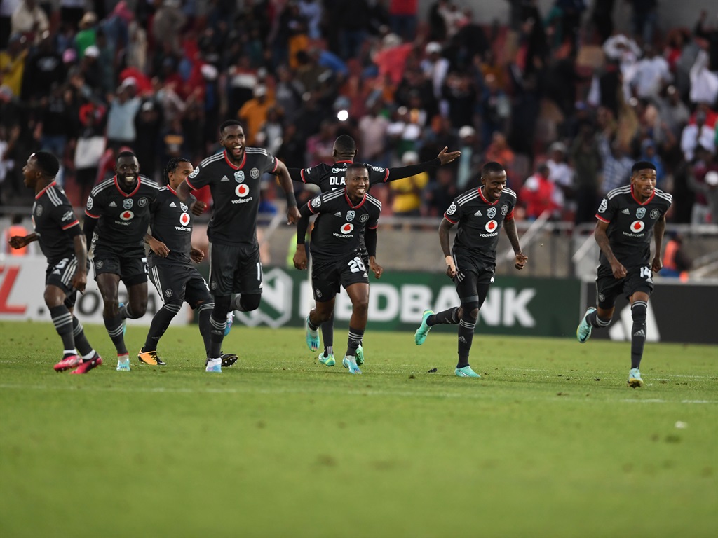 Orlando Pirates celebrates their win at the end of the Nedbank Cup quarter final match between Dondol Stars and Orlando Pirates at Peter Mokaba Stadium on April 15, 2023 in Polokwane, South Africa. 
