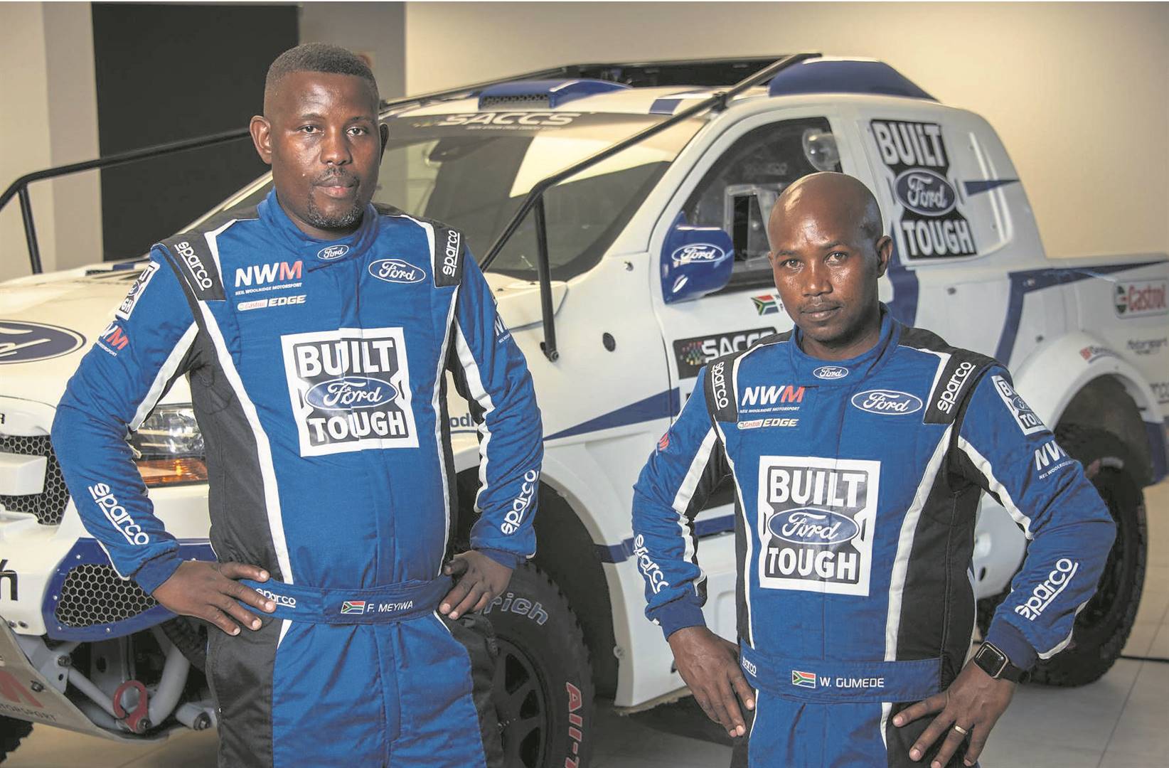 Delivery driver Wiseman Gumede (left) makes his motorsport debut with the Ford NWM Development Team entry, joined by regional rally champion navigator Fanifani Meyiwa.