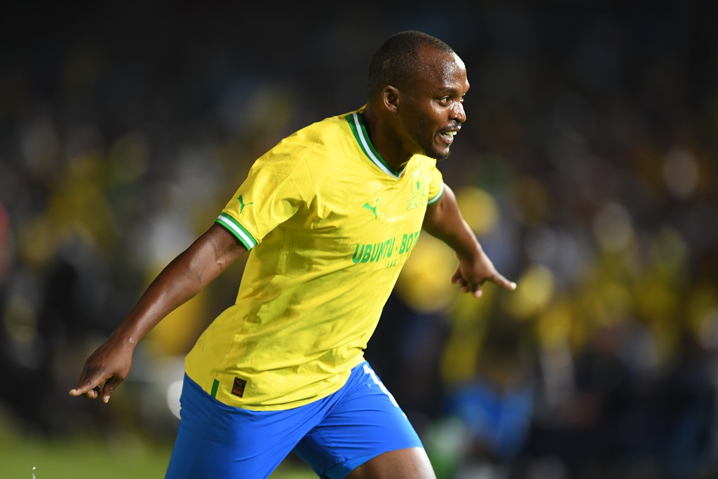 PRETORIA, SOUTH AFRICA - OCTOBER 14:     Gift Motupa of Mamelodi Sundowns celebrates his goal during the CAF Champions League, 2nd preliminary round - leg 2 match between Mamelodi Sundowns and La Passe FC at Loftus Versfeld Stadium on October 14, 2022 in Pretoria, South Africa. (Photo by Lefty Shivambu/Gallo Images)