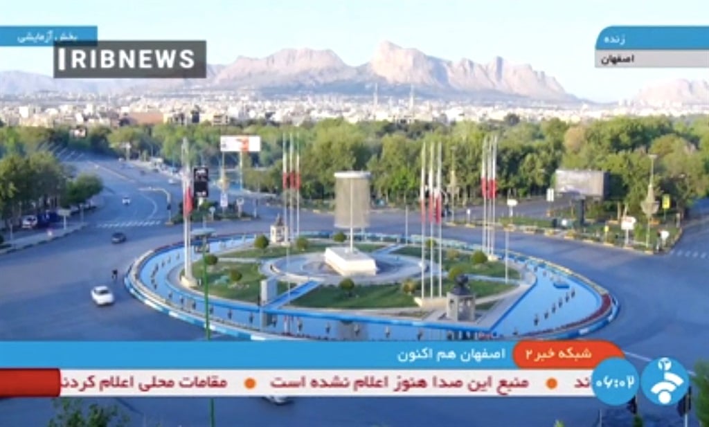 A still from what Islamic Republic of Iran Broadcasting (IRIB) described as a live view of the city of Isfahan early on 19 April 2024. (IRANIAN STATE TV (IRIB) via AFP)