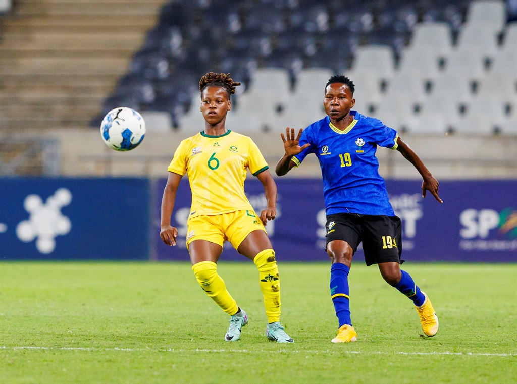 NELSPRUIT, SOUTH AFRICA - FEBRUARY 27: Noxolo Cesane of South Africa and Happiness Mwaipaja of Tanzania during the 2024 Paris Olympic Games, Qualifier match between South Africa and Tanzania at Mbombela Stadium on February 27, 2024 in Nelspruit, South Africa. (Photo by Dirk Kotze/Gallo Images),