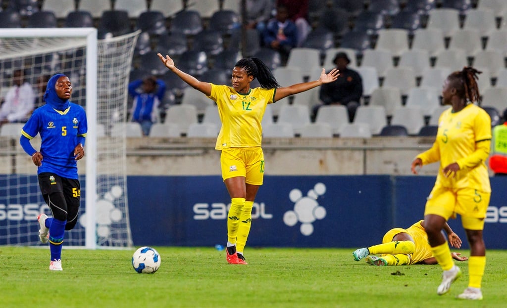 NELSPRUIT, SOUTH AFRICA - FEBRUARY 27: Jermaine Seoposenwe of South Africa during the 2024 Paris Olympic Games, Qualifier match between South Africa and Tanzania at Mbombela Stadium on February 27, 2024 in Nelspruit, South Africa. (Photo by Dirk Kotze/Gallo Images)