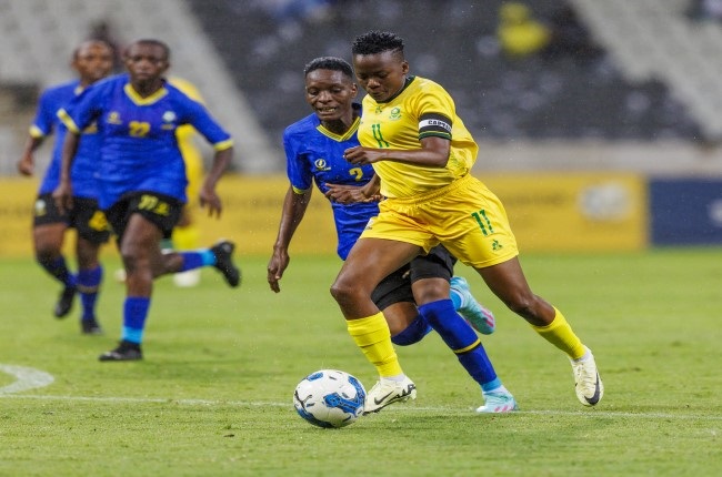 Thembi Kgatlana of South Africa during the Paris Olympic Games qualifier against Tanzania at Mbombela Stadium on Tuesday. (Photo by Dirk Kotze/Gallo Images)