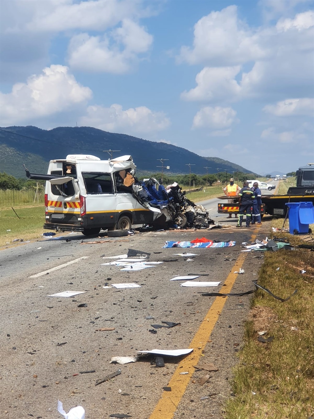A horrific accident where a 22-seater taxi and a truck collided head on. 