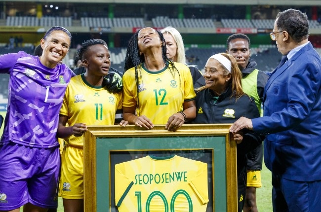 The Banyana Banyana forward Jermaine Seoposenwe basked in the glory of becoming the 10th player from the team to reach the milestone. 
(Photo by Dirk Kotze/Gallo Images)