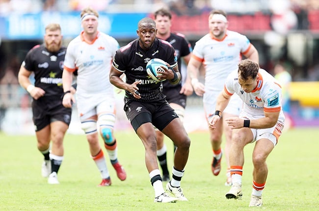 Sharks fullback Aphelele Fassi breaks the line in the URC victory over Edinburgh at Kings Park on Saturday. (Steve Haag Sports/Gallo Images)