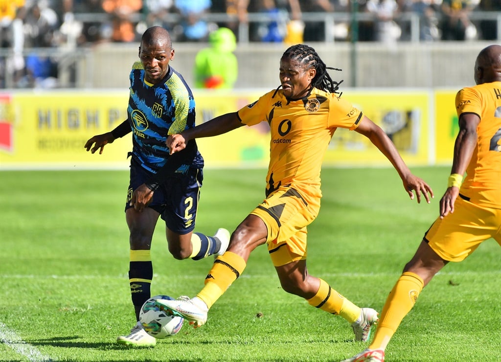 CAPE TOWN, SOUTH AFRICA - MARCH 30: Thamsanqa Mkhize (Captain) of Cape Town City FC tackled by Sibongiseni Mthethwa of Kaizer Chiefs during the DStv Premiership match between Cape Town City FC and Kaizer Chiefs at Athlone Stadium on March 30, 2024 in Cape Town, South Africa. (Photo by Grant Pitcher/Gallo Images)